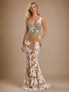 ChicSew Glamorous Sleeveless Deep V‑Neck Mermaid Lace Tulle Beaded Long Wedding Dresses With 3D Floral Applique