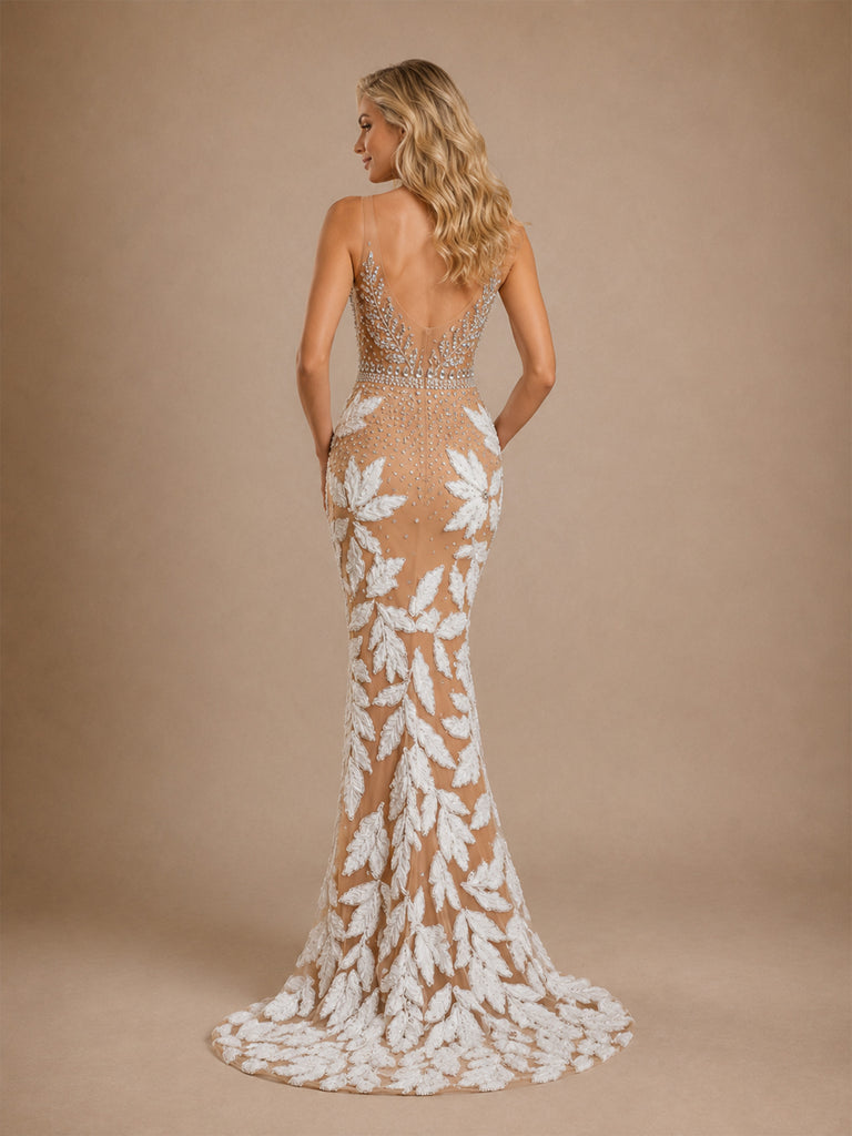 ChicSew Glamorous Sleeveless Deep V‑Neck Mermaid Lace Tulle Beaded Long Wedding Dresses With 3D Floral Applique