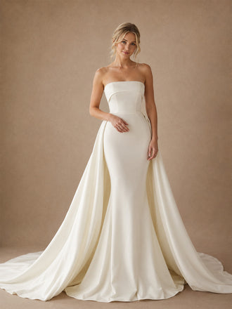 ChicSew Classic Strapless Satin Mermaid Floor-Length Wedding Dresses With Overskirt