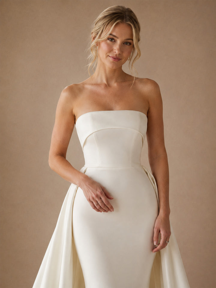 ChicSew Classic Strapless Satin Mermaid Floor-Length Wedding Dresses With Overskirt