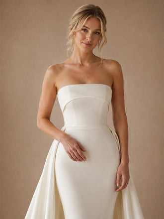 ChicSew Classic Strapless Satin Mermaid Floor-Length Wedding Dresses With Overskirt