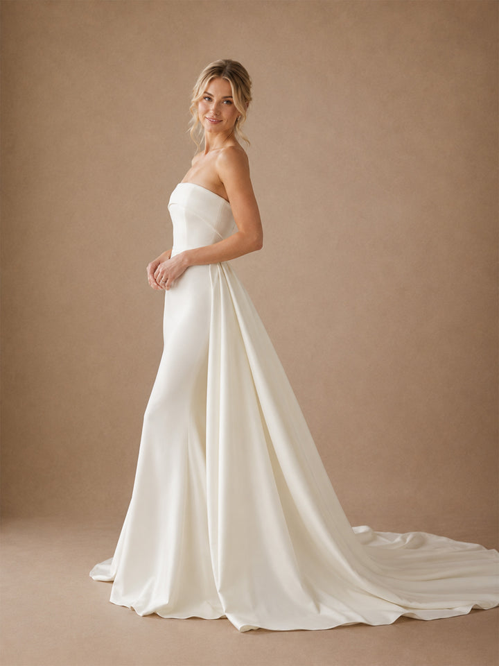 ChicSew Classic Strapless Satin Mermaid Floor-Length Wedding Dresses With Overskirt