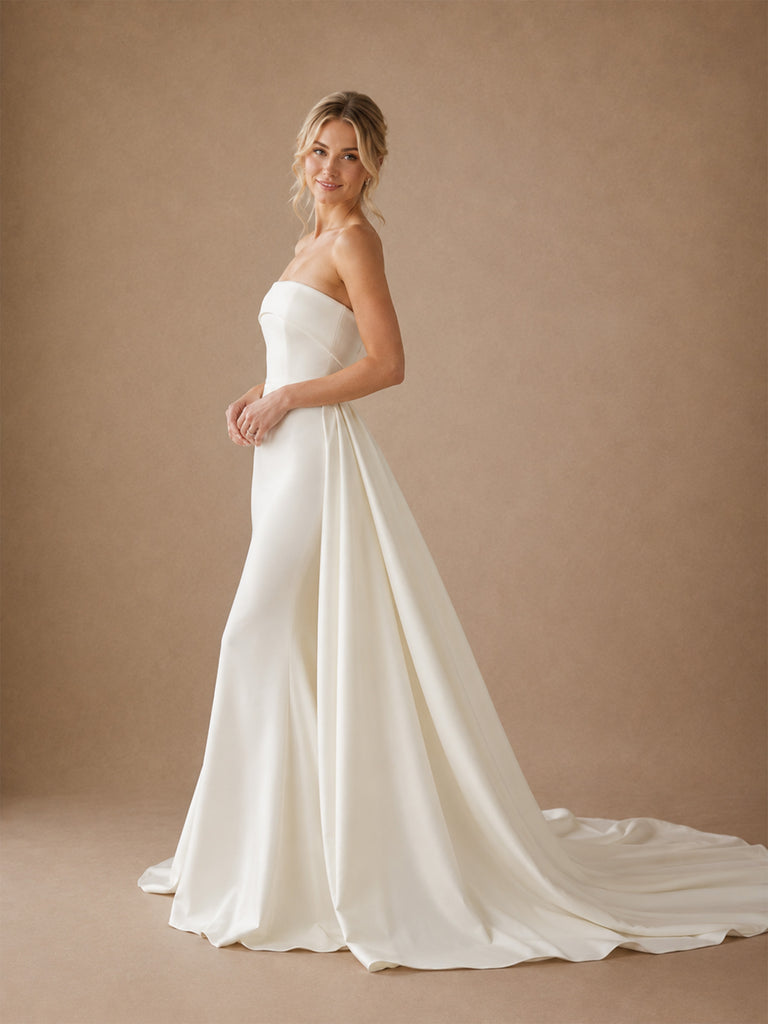 ChicSew Classic Strapless Satin Mermaid Floor-Length Wedding Dresses With Overskirt