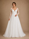 ChicSew Classy A-Line V-Neck Lace Tulle Long Sleeves Floor-Length Wedding Dresses With Button