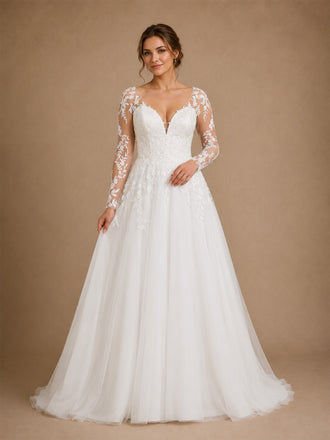 ChicSew Classy A-Line V-Neck Lace Tulle Long Sleeves Floor-Length Wedding Dresses With Button