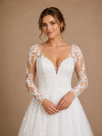 ChicSew Classy A-Line V-Neck Lace Tulle Long Sleeves Floor-Length Wedding Dresses With Button