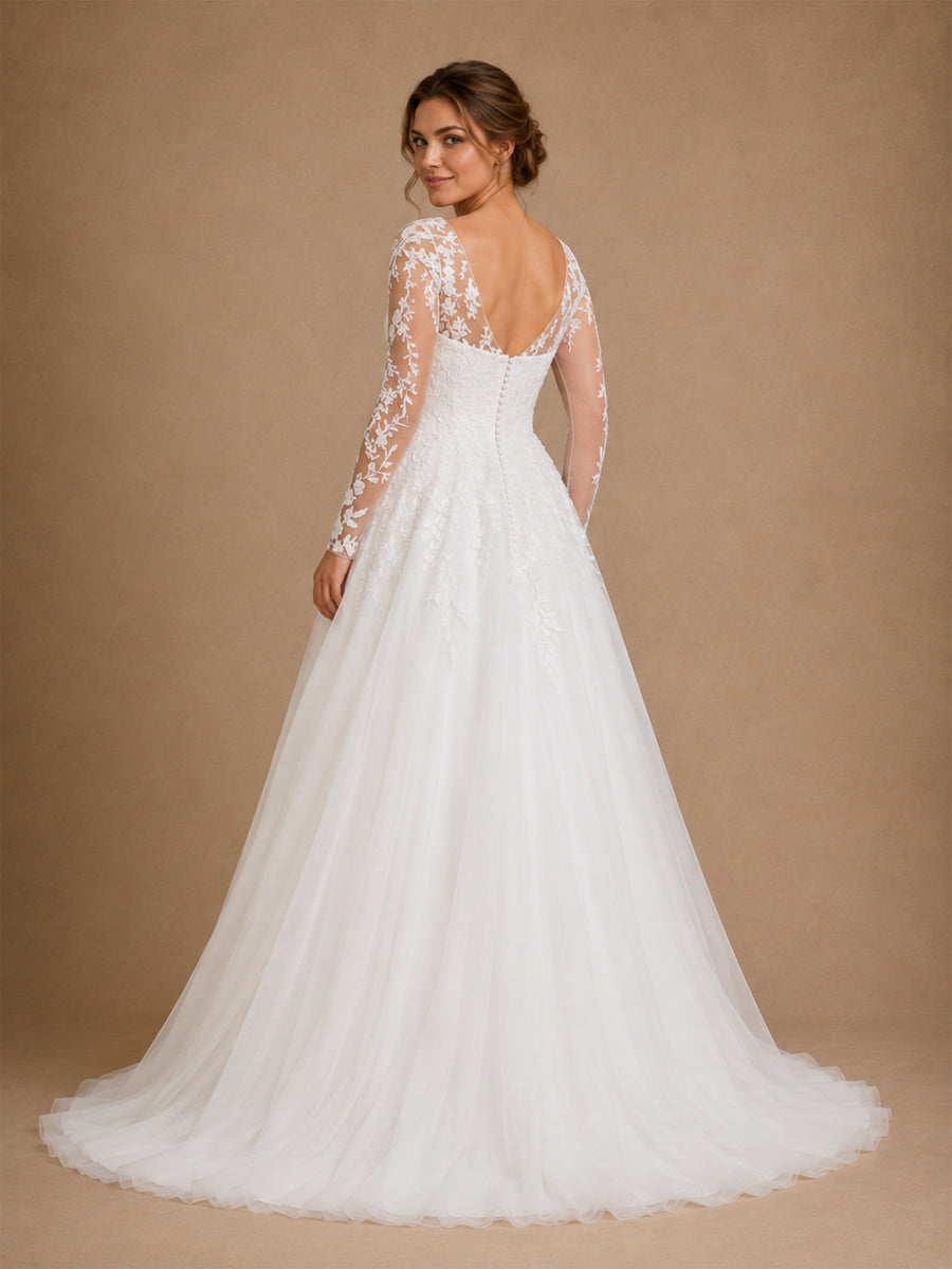 ChicSew Classy A-Line V-Neck Lace Tulle Long Sleeves Floor-Length Wedding Dresses With Button