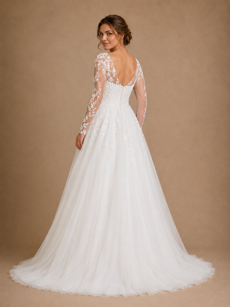 ChicSew Classy A-Line V-Neck Lace Tulle Long Sleeves Floor-Length Wedding Dresses With Button