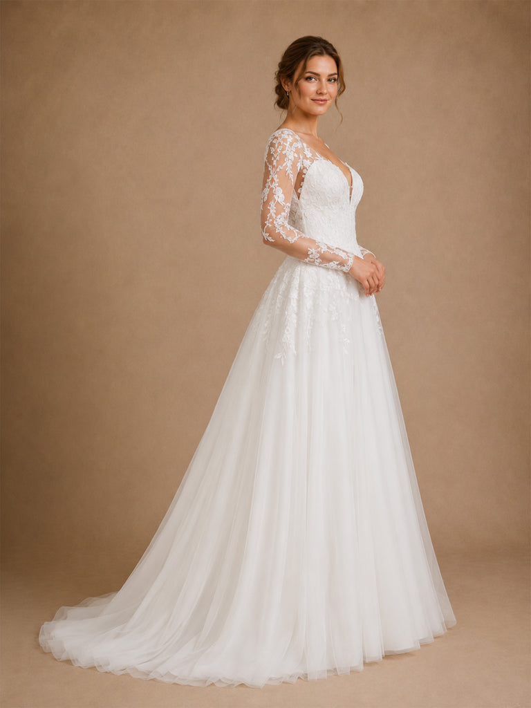 ChicSew Classy A-Line V-Neck Lace Tulle Long Sleeves Floor-Length Wedding Dresses With Button