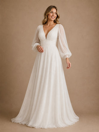 ChicSew Elegant V-Neck Long Puff Sleeve Chiffon A-Line Foor-Length Wedding Dress With Pleats
