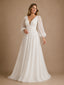 ChicSew Elegant V-Neck Long Puff Sleeve Chiffon A-Line Foor-Length Wedding Dress With Pleats