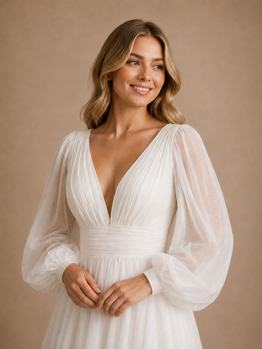 ChicSew Elegant V-Neck Long Puff Sleeve Chiffon A-Line Foor-Length Wedding Dress With Pleats