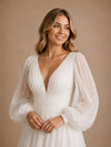 ChicSew Elegant V-Neck Long Puff Sleeve Chiffon A-Line Foor-Length Wedding Dress With Pleats
