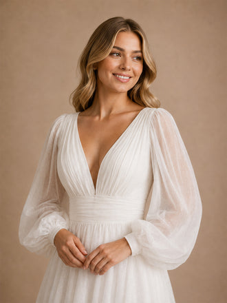 ChicSew Elegant V-Neck Long Puff Sleeve Chiffon A-Line Foor-Length Wedding Dress With Pleats