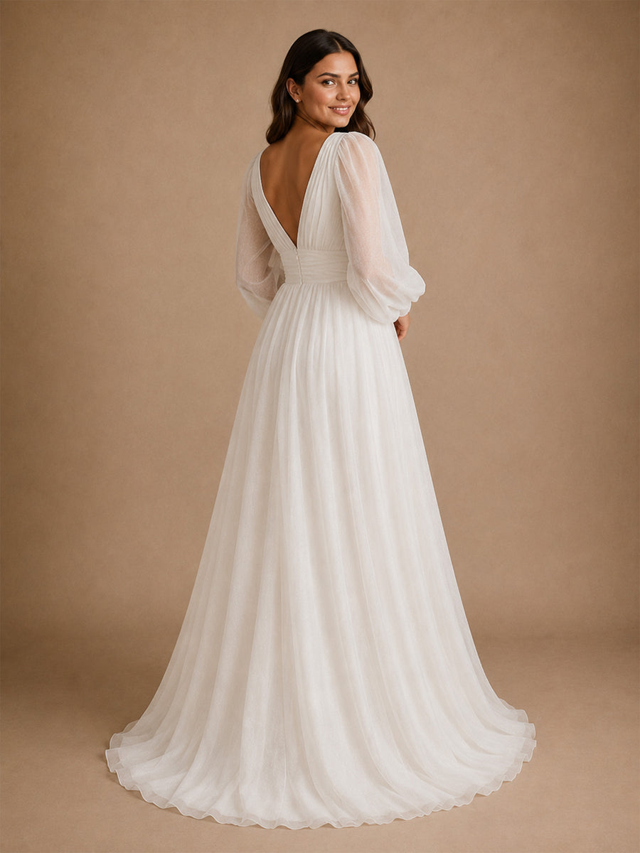 ChicSew Elegant V-Neck Long Puff Sleeve Chiffon A-Line Foor-Length Wedding Dress With Pleats