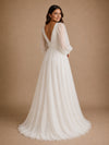 ChicSew Elegant V-Neck Long Puff Sleeve Chiffon A-Line Foor-Length Wedding Dress With Pleats