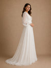 ChicSew Elegant V-Neck Long Puff Sleeve Chiffon A-Line Foor-Length Wedding Dress With Pleats