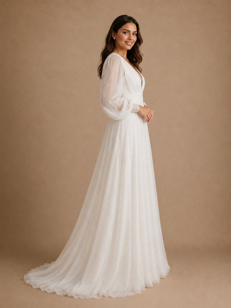 ChicSew Elegant V-Neck Long Puff Sleeve Chiffon A-Line Foor-Length Wedding Dress With Pleats