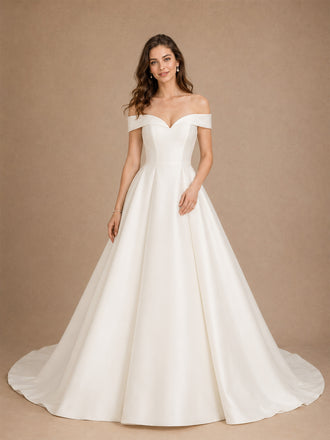 ChicSew Elegant Off The Shoulder A-Line Floor-Length Satin Wedding Dresses With Train