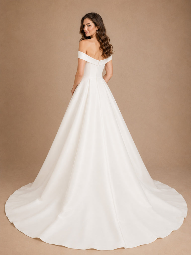 ChicSew Elegant Off The Shoulder A-Line Floor-Length Satin Wedding Dresses With Train