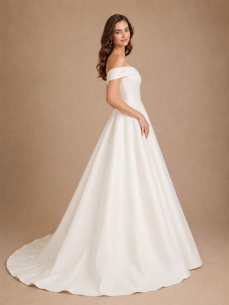 ChicSew Elegant Off The Shoulder A-Line Floor-Length Satin Wedding Dresses With Train