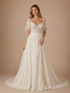 ChicSew Elegant A-Line Lace Tulle V-Neck Flutter Sleeves Maxi Wedding Dresses With Long Train