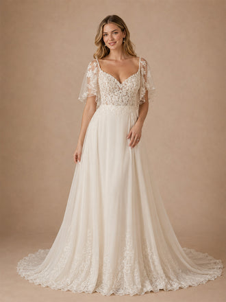 ChicSew Elegant A-Line Lace Tulle V-Neck Flutter Sleeves Maxi Wedding Dresses With Long Train