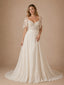ChicSew Elegant A-Line Lace Tulle V-Neck Flutter Sleeves Maxi Wedding Dresses With Long Train