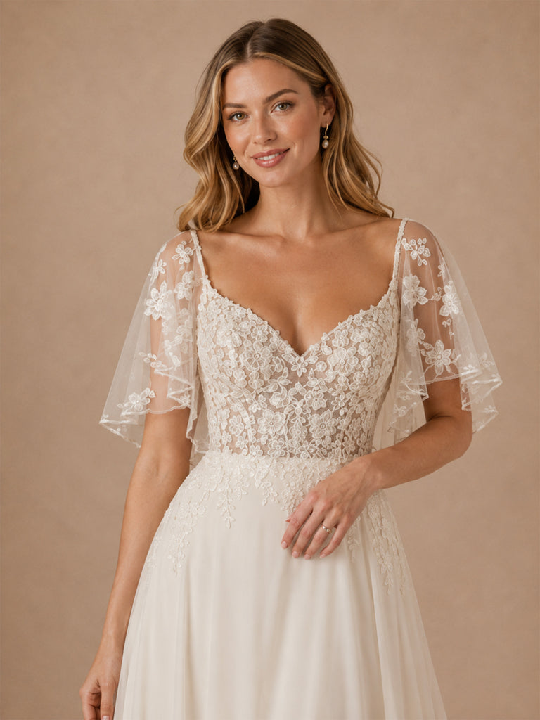 ChicSew Elegant A-Line Lace Tulle V-Neck Flutter Sleeves Maxi Wedding Dresses With Long Train
