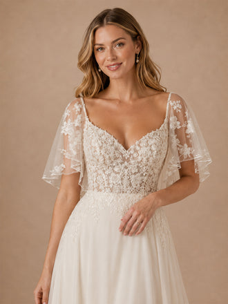 ChicSew Elegant A-Line Lace Tulle V-Neck Flutter Sleeves Maxi Wedding Dresses With Long Train