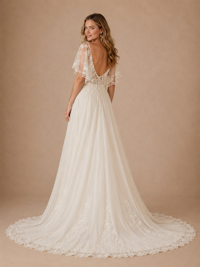 ChicSew Elegant A-Line Lace Tulle V-Neck Flutter Sleeves Maxi Wedding Dresses With Long Train