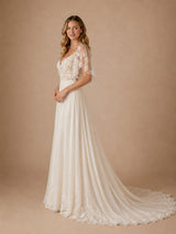ChicSew Elegant A-Line Lace Tulle V-Neck Flutter Sleeves Maxi Wedding Dresses With Long Train