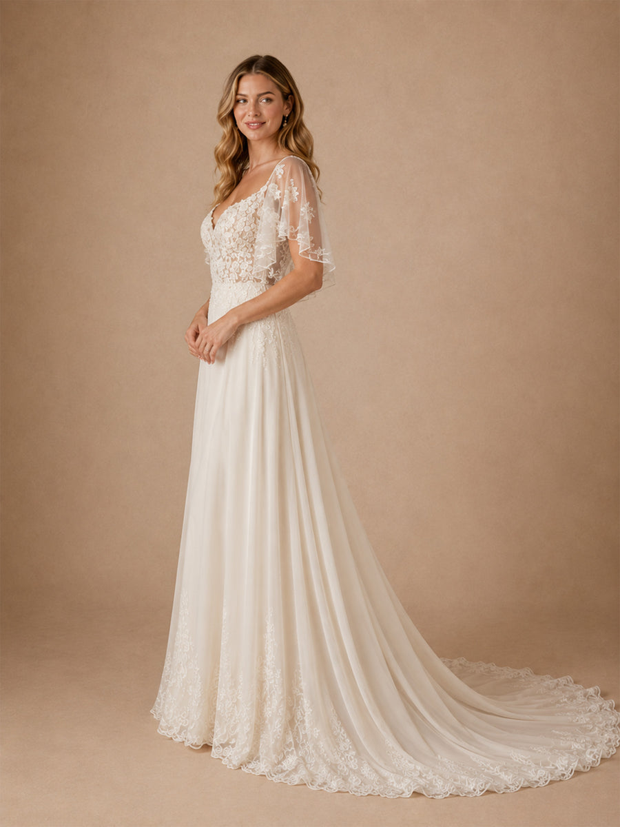 ChicSew Elegant A-Line Lace Tulle V-Neck Flutter Sleeves Maxi Wedding Dresses With Long Train