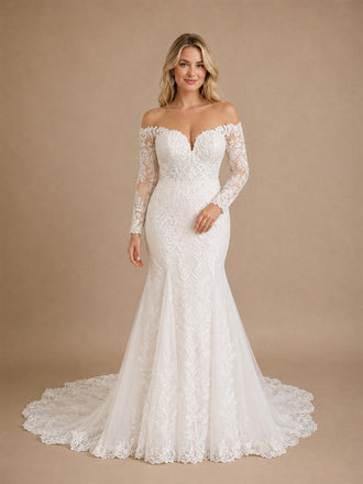 ChicSew Romantic Mermaid Lace Tulle Off The Shoulder Long Sleeves Floor-Length Wedding Dresses With Long Train
