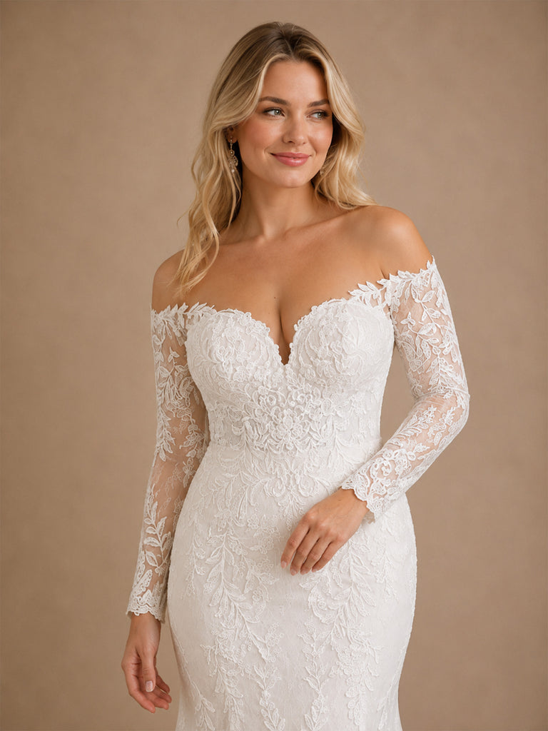ChicSew Romantic Mermaid Lace Tulle Off The Shoulder Long Sleeves Floor-Length Wedding Dresses With Long Train