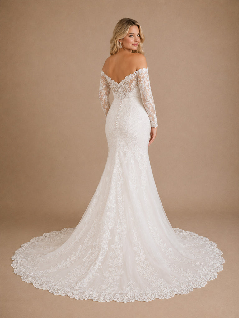 ChicSew Romantic Mermaid Lace Tulle Off The Shoulder Long Sleeves Floor-Length Wedding Dresses With Long Train