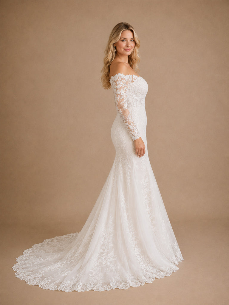 ChicSew Romantic Mermaid Lace Tulle Off The Shoulder Long Sleeves Floor-Length Wedding Dresses With Long Train