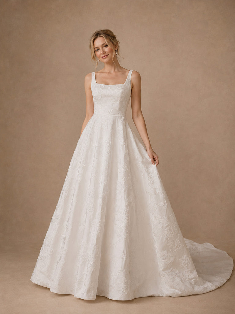 ChicSew Glamorous Square Neckline A-Line Floor-Length Satin Wedding Dress With Applique
