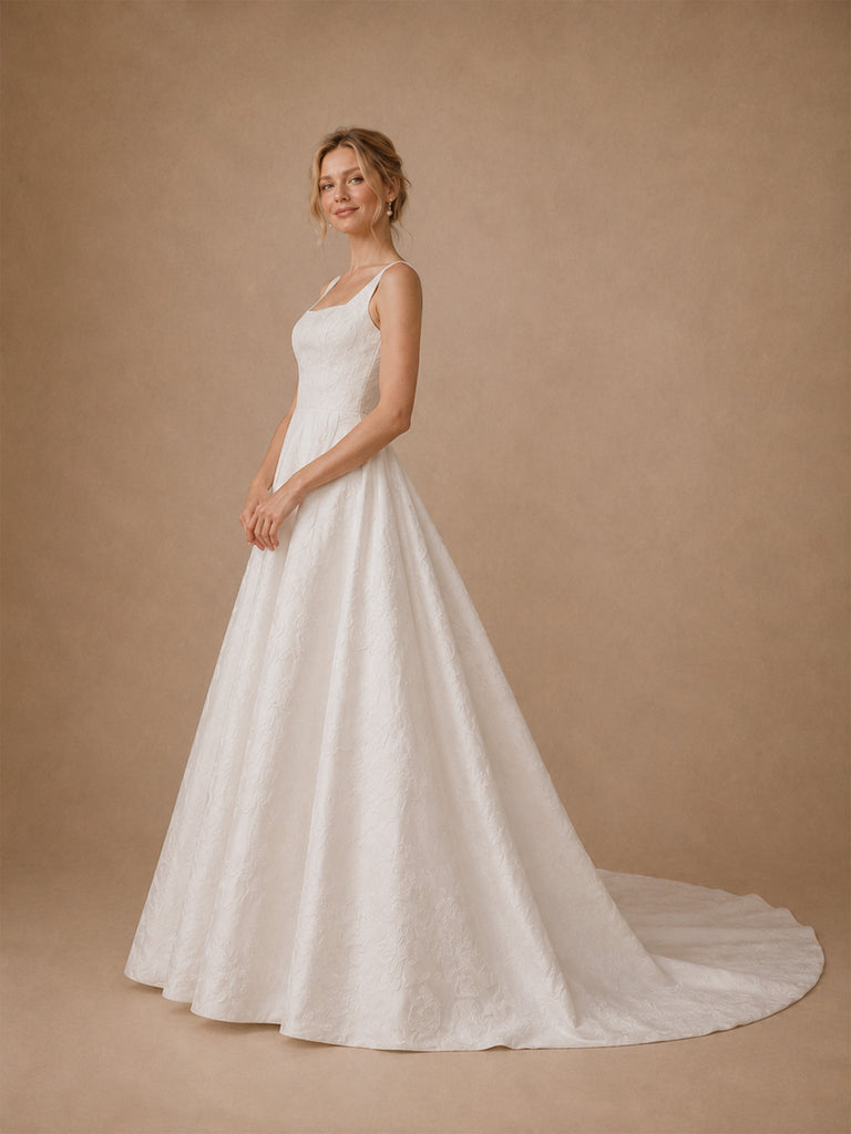 ChicSew Glamorous Square Neckline A-Line Floor-Length Satin Wedding Dress With Applique