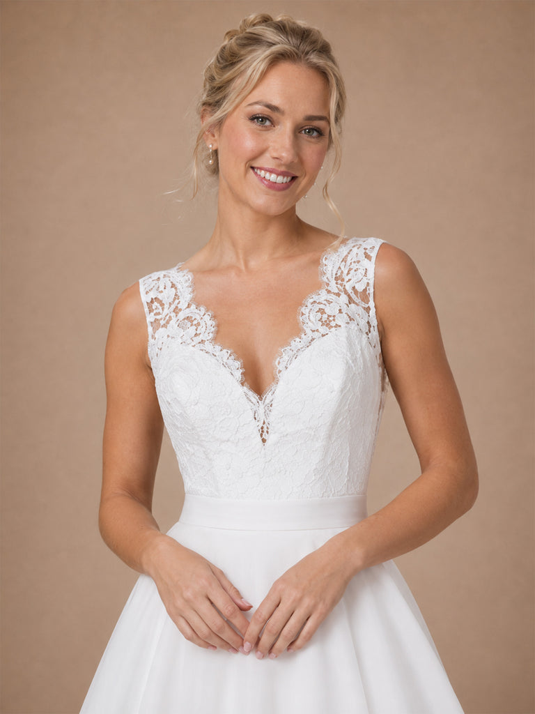 ChicSew Elegant Sleeveless Lace Tulle A-Line V-Neck Long Wedding Dresses