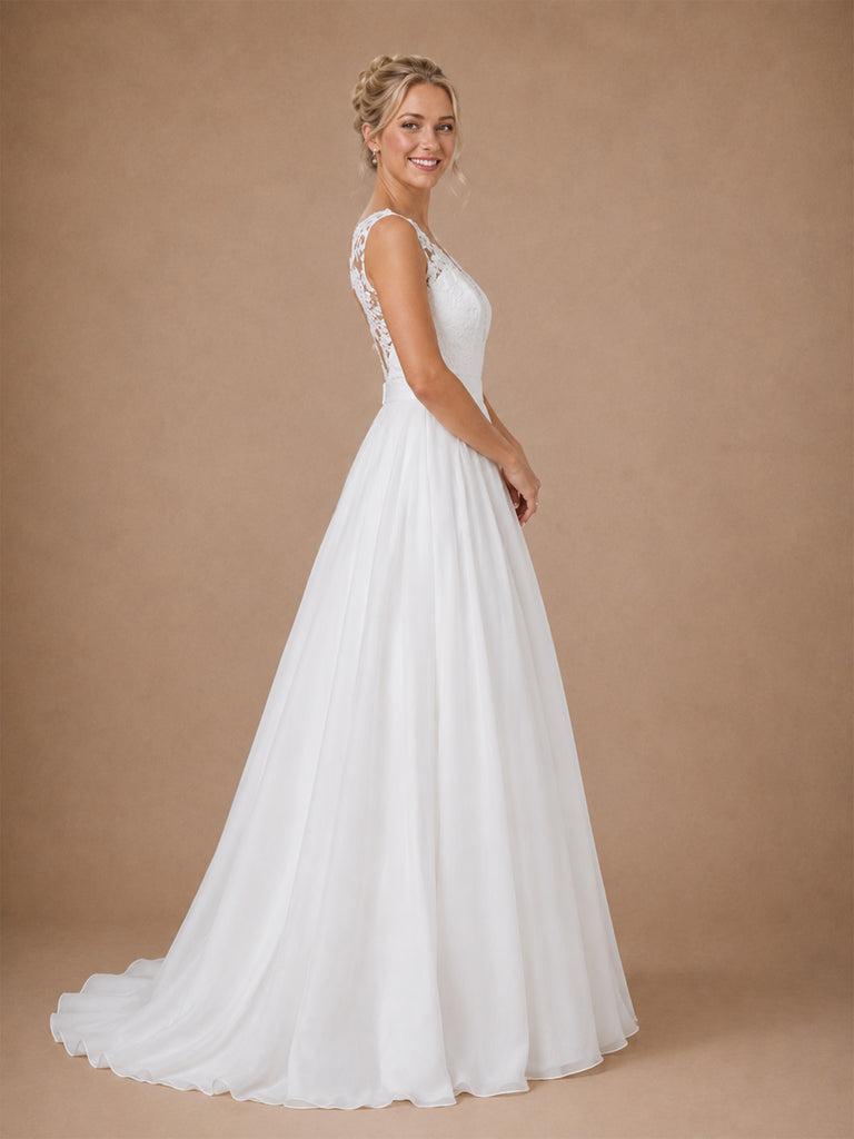 ChicSew Elegant Sleeveless Lace Tulle A-Line V-Neck Long Wedding Dresses