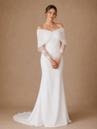 ChicSew Elegant Crepe Off The Shoulder Lace Applique Long Sleeves Mermaid Floor-Length Wedding Dress