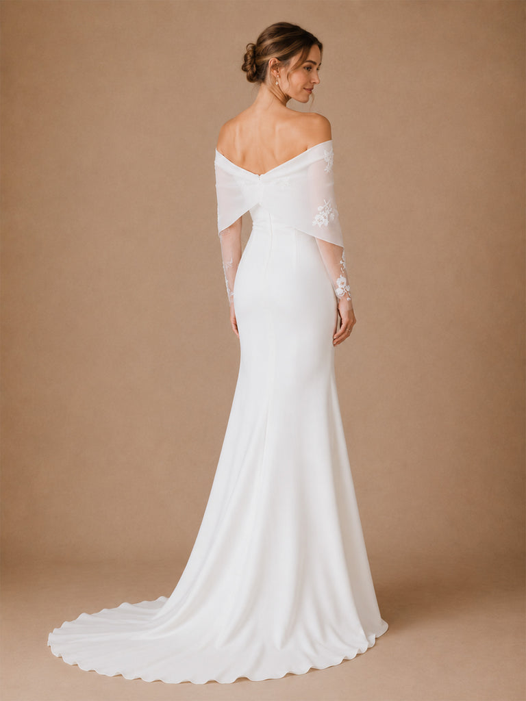 ChicSew Elegant Crepe Off The Shoulder Lace Applique Long Sleeves Mermaid Floor-Length Wedding Dress