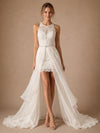ChicSew Unique Sleeveless High Neck Lace Applique Sheath Mini Wedding Dresses With Detachable Tulle Overskirt