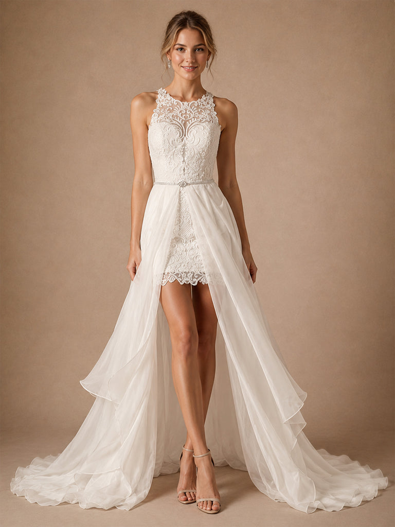 ChicSew Unique Sleeveless High Neck Lace Applique Sheath Mini Wedding Dresses With Detachable Tulle Overskirt