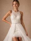 ChicSew Unique Sleeveless High Neck Lace Applique Sheath Mini Wedding Dresses With Detachable Tulle Overskirt