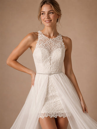 ChicSew Unique Sleeveless High Neck Lace Applique Sheath Mini Wedding Dresses With Detachable Tulle Overskirt