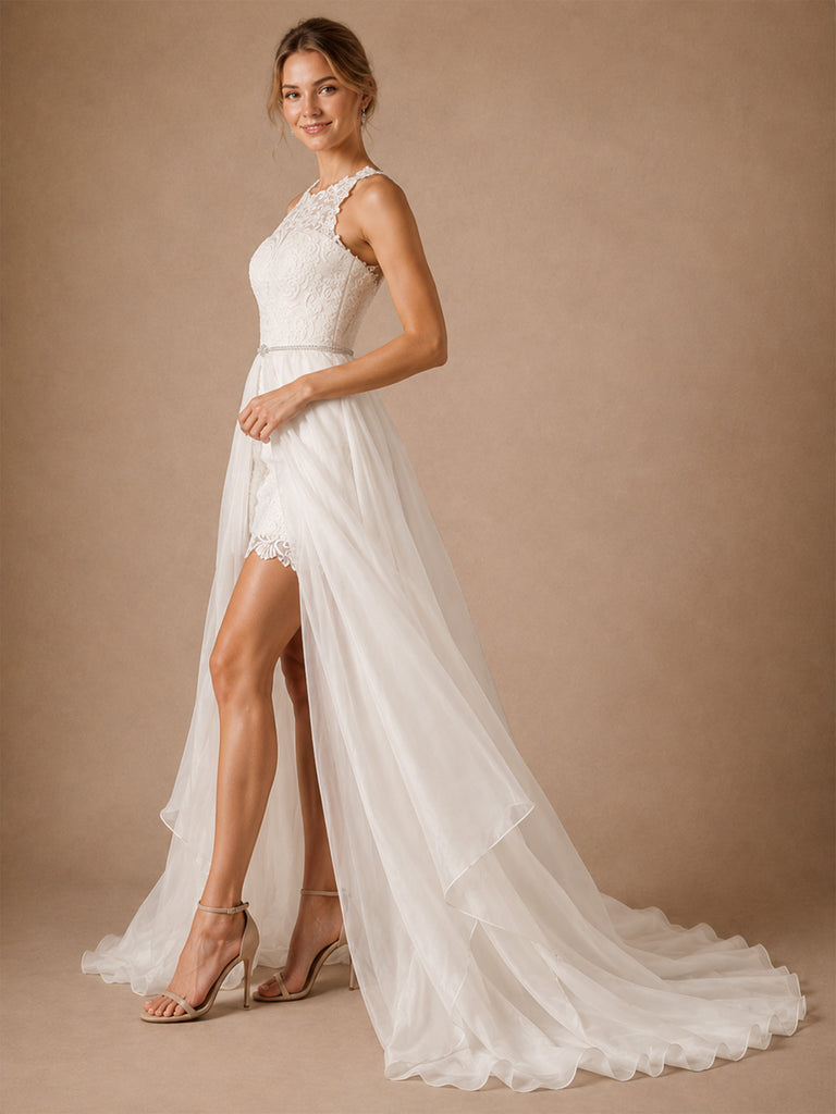 ChicSew Unique Sleeveless High Neck Lace Applique Sheath Mini Wedding Dresses With Detachable Tulle Overskirt