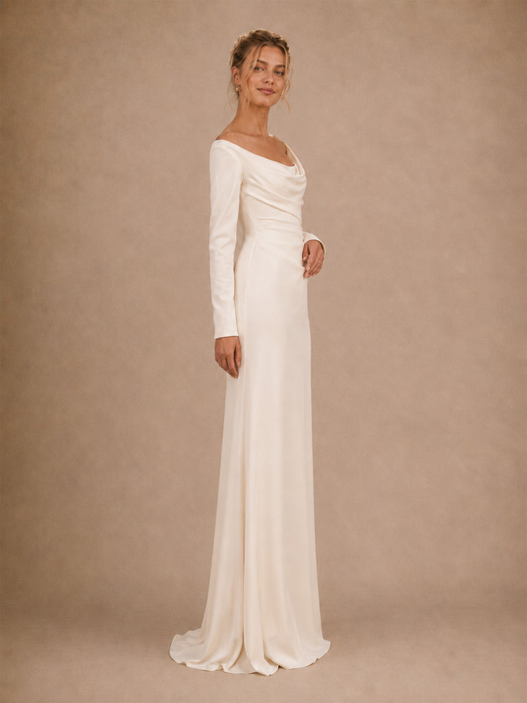 ChicSew Classy Crepe Cowl Neck Long Sleeves Sheath Floor-Length Wedding Dress
