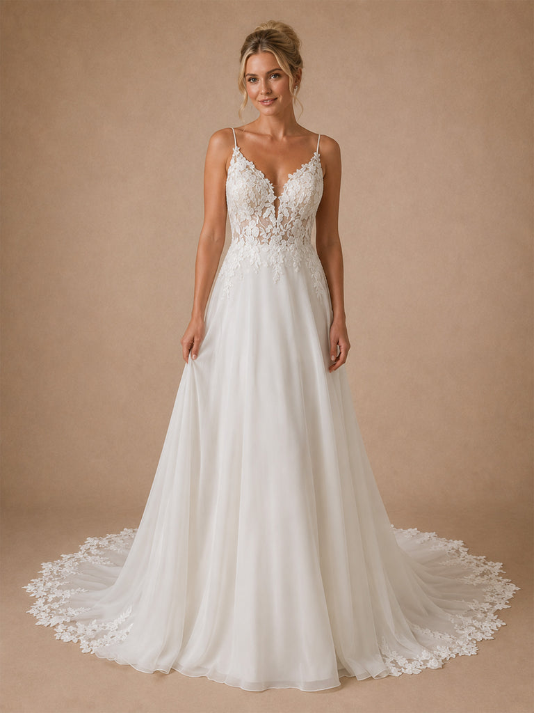 ChicSew Unique Spaghetti Straps A-Line Lace Tulle Maxi Wedding Dresses With Long Train